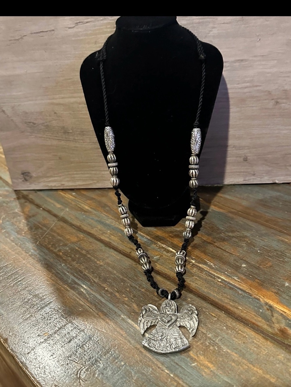 Black Cord Necklace with Silver Angel Pendant